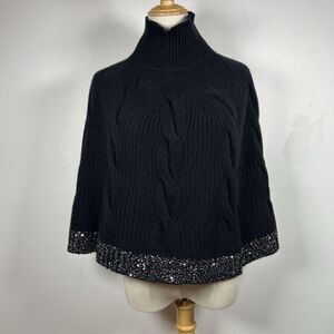 IISLI New York Women's Cashmere Black Sequin Trim Mock Neck Cable Knit Cape SP